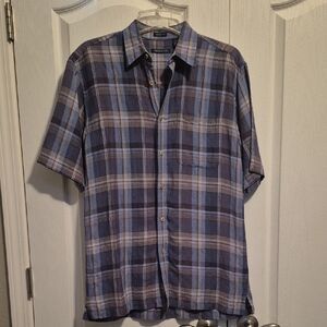 Van Heusen Blue and Gray Plaid Short-Sleeve Button-Down Linen Shirt
